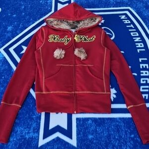 Vintage Y2K Baby Phat Red Velour Zip-Up Hoodie with Faux Fur Pom-Poms Size L